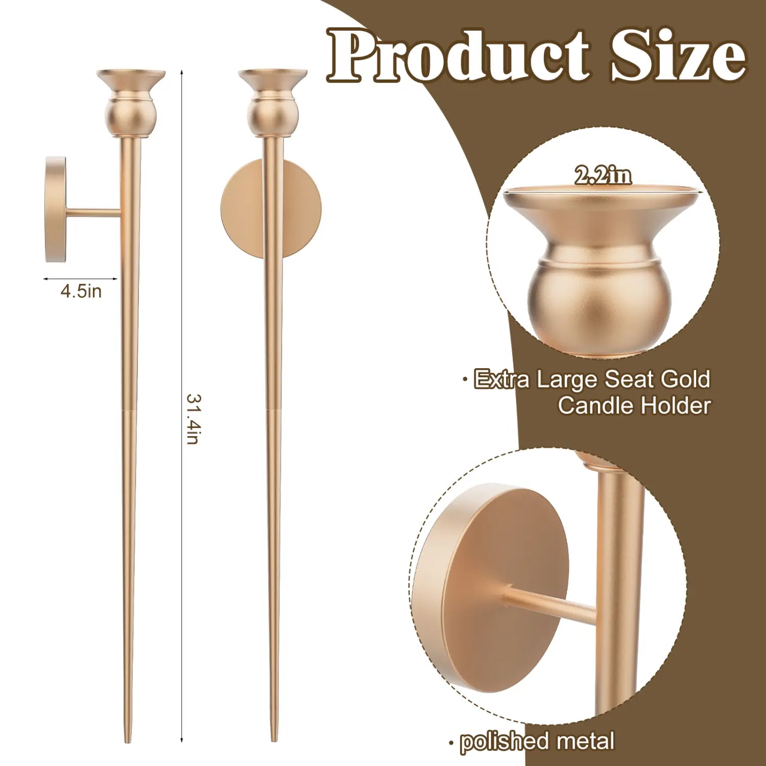 Gold wall sconce with battery operated candle featuring an extra large seat gold candle holder with polished metal finish and elegant slender design.
