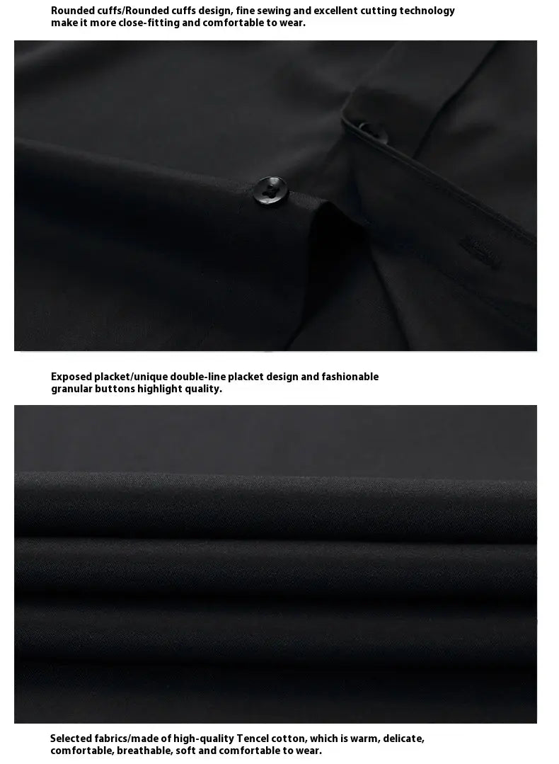 Herren Slim-Fit Business-Kleidhemd mit langem Arm in Schwarz aus hochwertiger Tencel-Baumwolle mit abgerundeten Manschetten und doppelter Linien-Plakette.