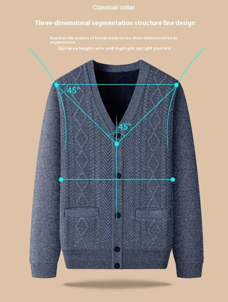 Herren-gestreifter Strickcardigan in Grau mit klassischem Kragen und vorne gestricktem Diamantmuster-Design.