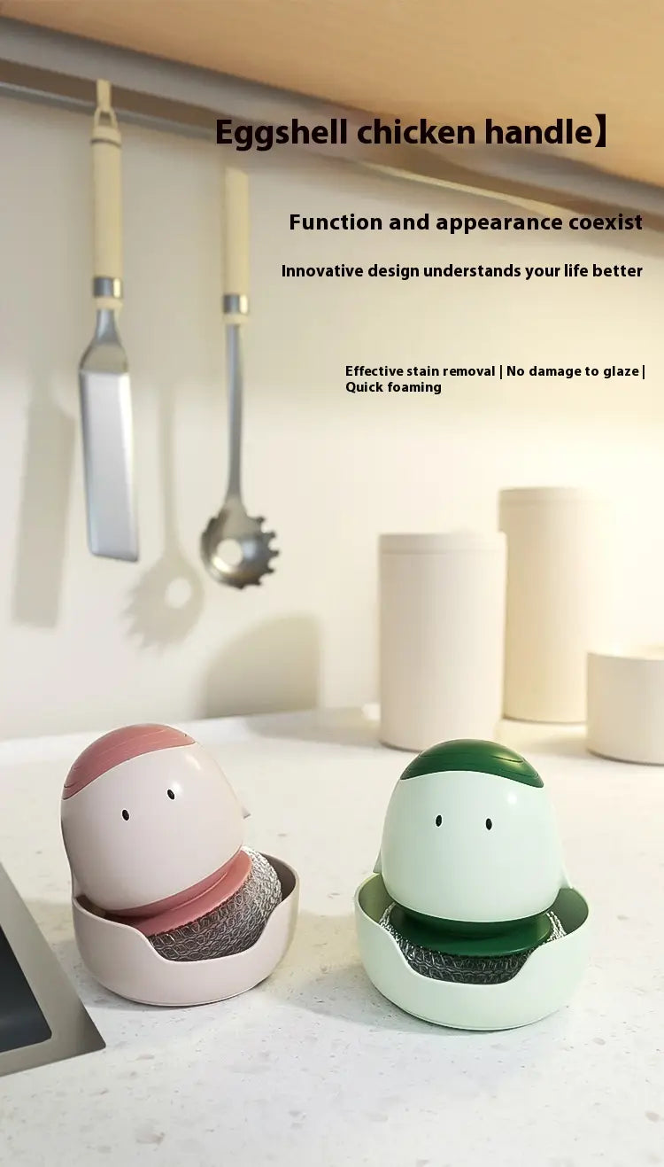 deux nettoyants pour vaisselle en forme d’œufs à l’aspect de coquille, avec distributeur automatique de savon liquide, têtes à récurer, comportant des parties supérieures rose et verte et des brosses en maille à l’intérieur pour un lavage efficace de la vaisselle