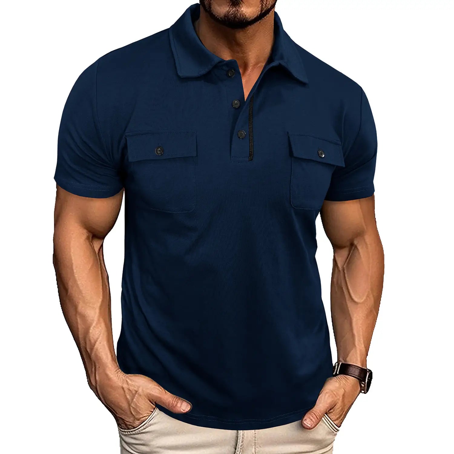 Navy blue men’s short sleeve cotton blend polo shirt with dual chest pockets and buttoned placket.