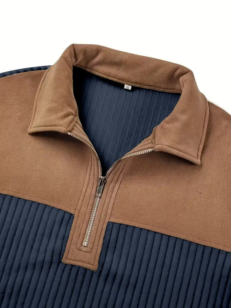 Men’s ribbed patchwork half zip knit sweater in brown and navy blue color-blocked fleece with a suede-like collar.