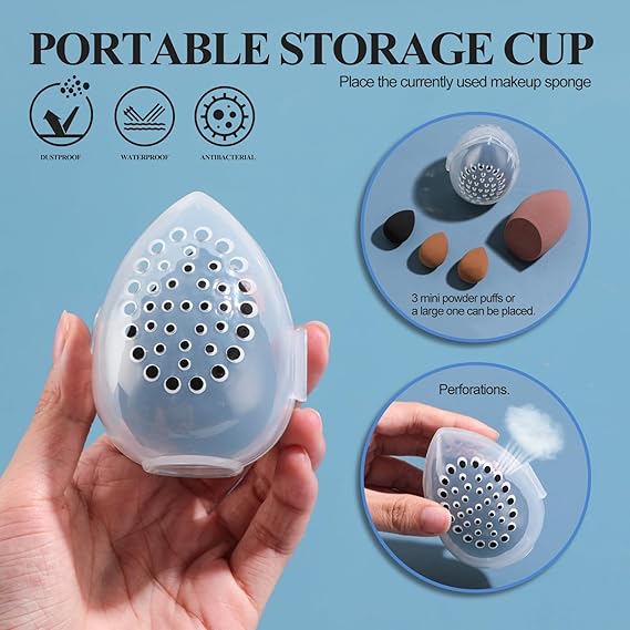 Transparent plastic portable storage cup with a teardrop shape and perforated surface for holding makeup sponges in a bamboo makeup brush set with rotating storage bucket.