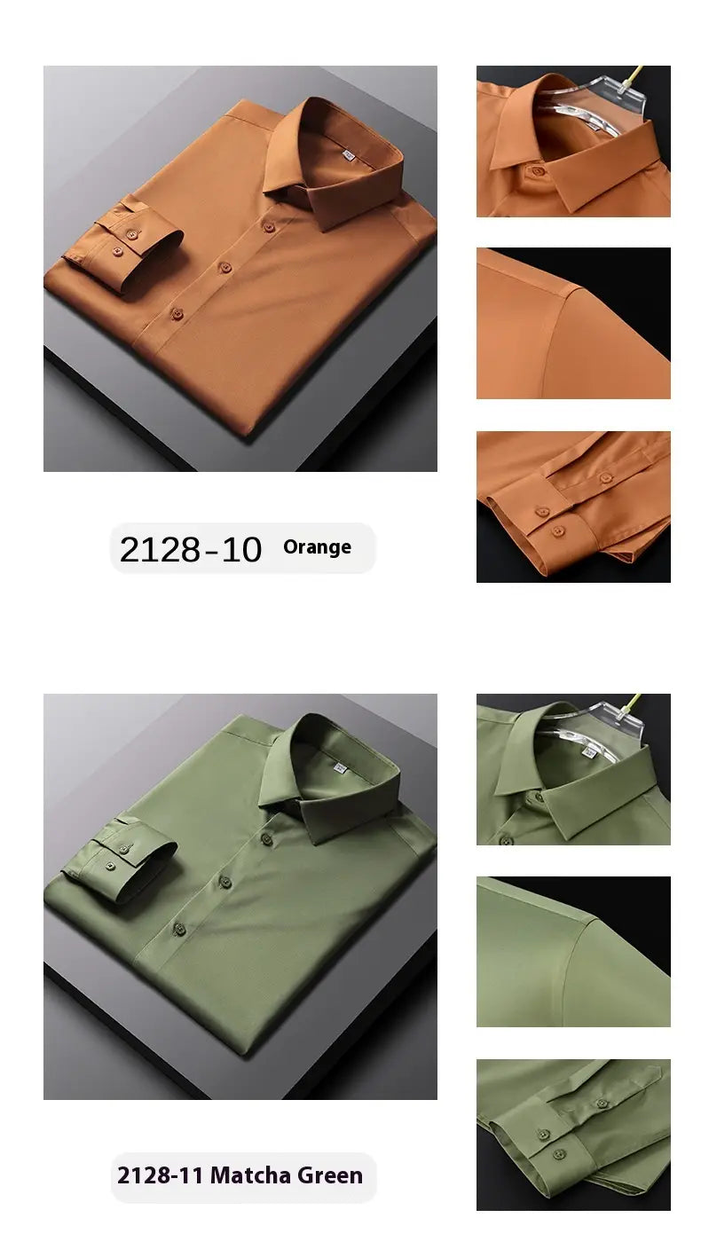 Chemise habillée en soie pour homme à manches longues, élégante, unie orange ou vert matcha, avec col net et poignets boutonnés.