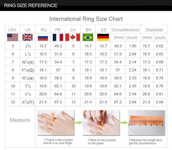 International ring size chart with measurements in multiple systems and illustrated steps for measuring finger circumference for the two tone 18k gold praying hands cubic zirconia ring.