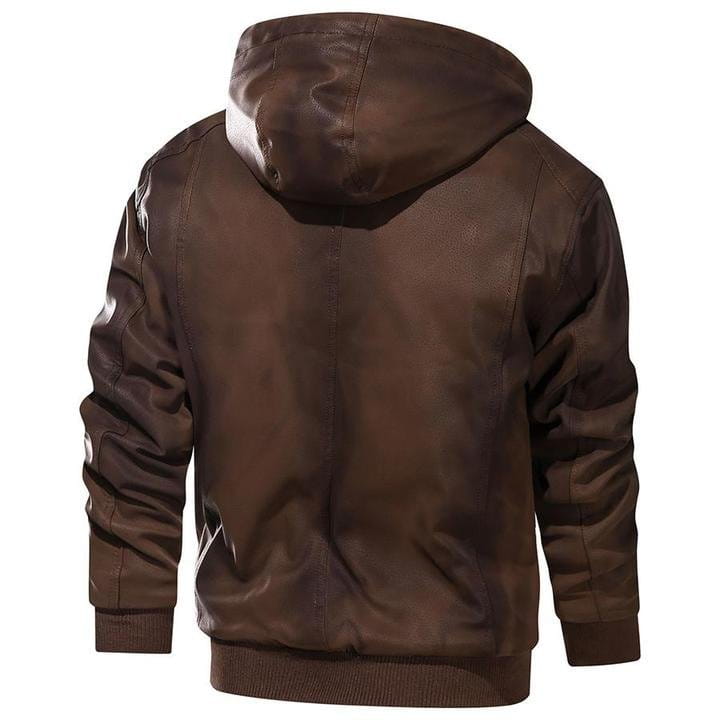 Men’s leather motorcycle jacket with removable brown leather hood featuring a matte finish and ribbed cuffs.