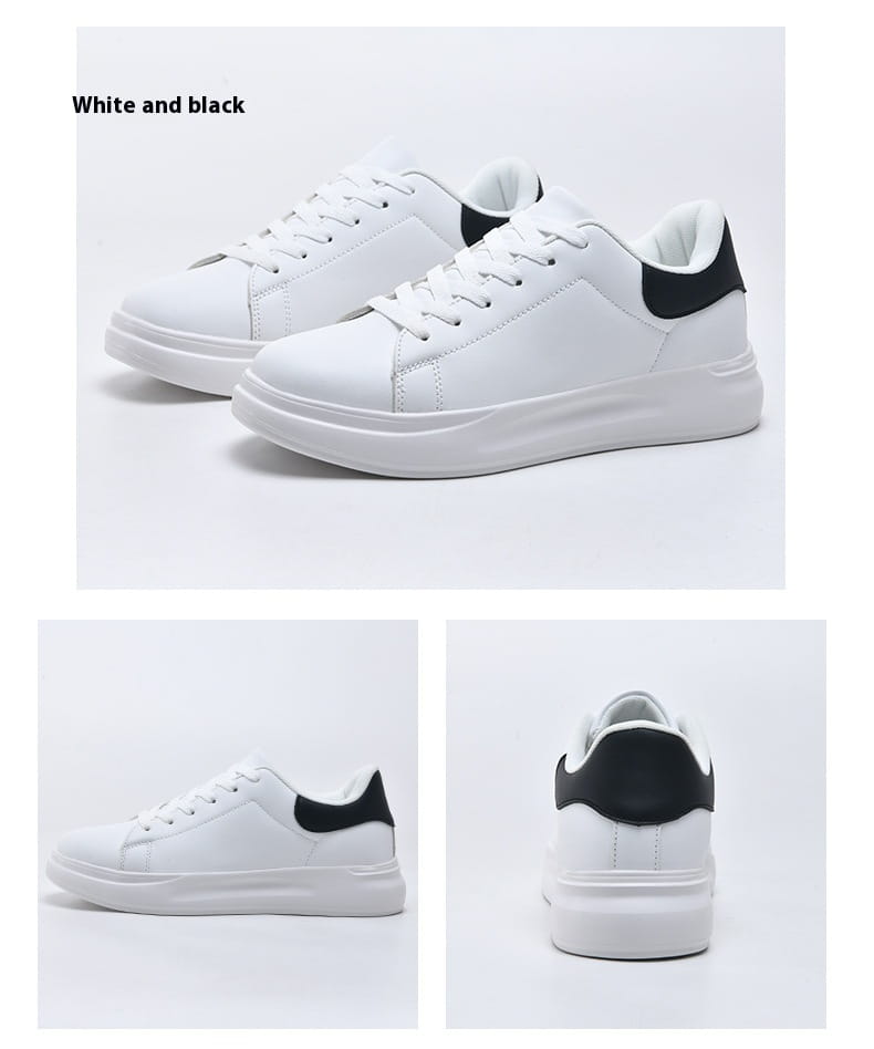 Baskets de loisirs épaisses et imperméables en cuir blanc et noir, basses et montantes, avec un design minimaliste élégant et une matière lisse au rendu cuir.