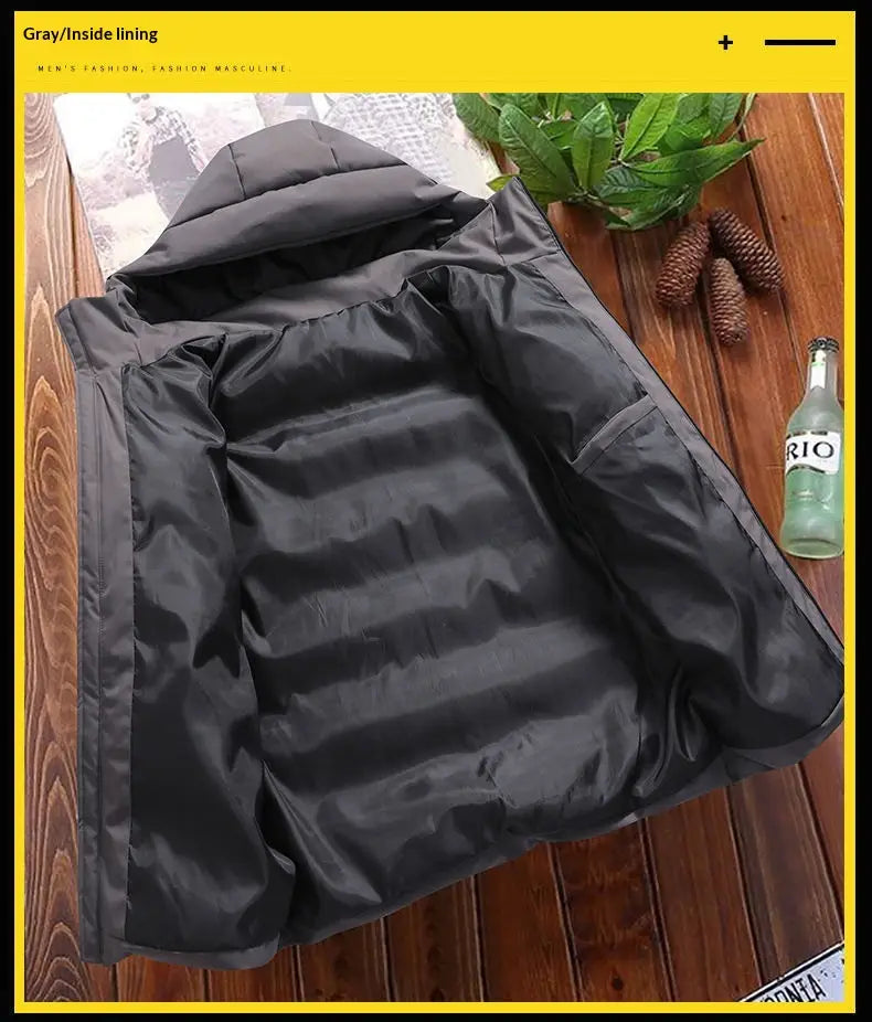 Doudoune à capuche en coton pour hommes noire avec motif matelassé, capuche visible depuis l’arrière