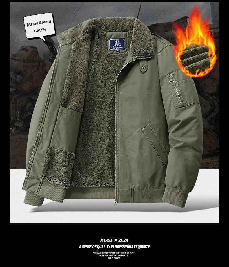 Men cotton shearling bomber jacket in army green with plush fleece lining and ribbed cuffs.