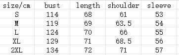 The image displays a size chart with bust, length, shoulder, and sleeve measurements for a men’s streetwear hooded fleece zip up baseball jacket available in sizes S to 2XL.