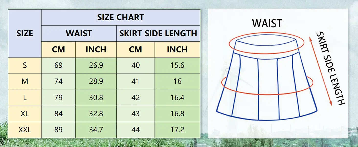 A diagram illustrating waist and skirt side length measurements for the paisley high-waisted athletic tennis skirt with size chart details in centimeters and inches.