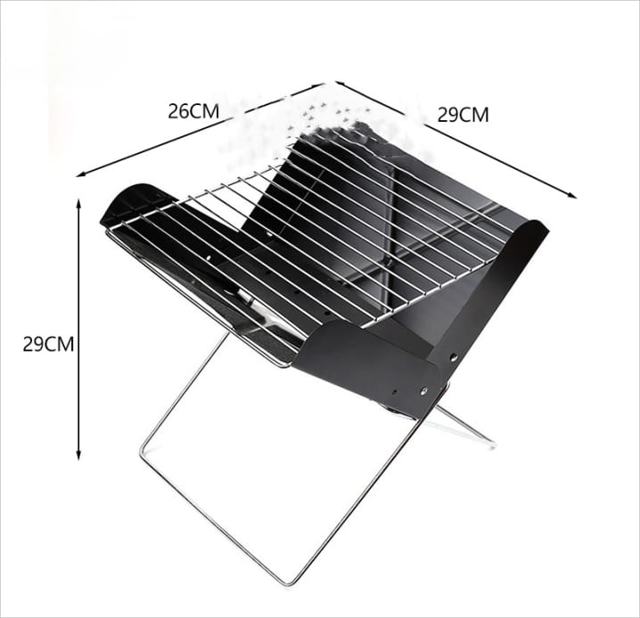 Black foldable portable charcoal grill with metal grate and legs designed for outdoor camping use.