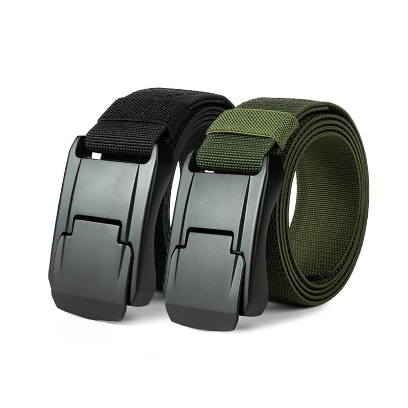Ceintures tissées extensibles tactiques en noir et en vert olive, dotées de boucles automatiques en plastique noir mat et de matière tissée durable.