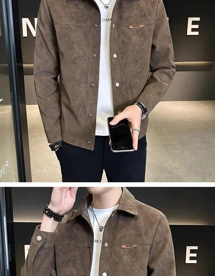 Brown suede lapel spring jacket for men featuring button closures and a collar.