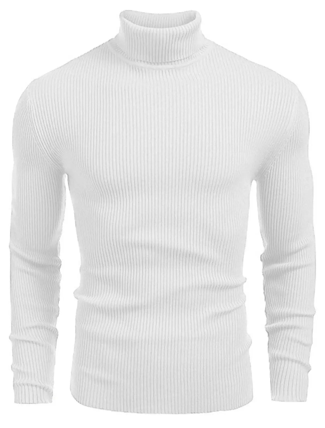 Herren-Turtleneck-Pullover Slim Fit aus weißem, geripptem Stoff mit langen Ärmeln und Slim-Fit-Design.