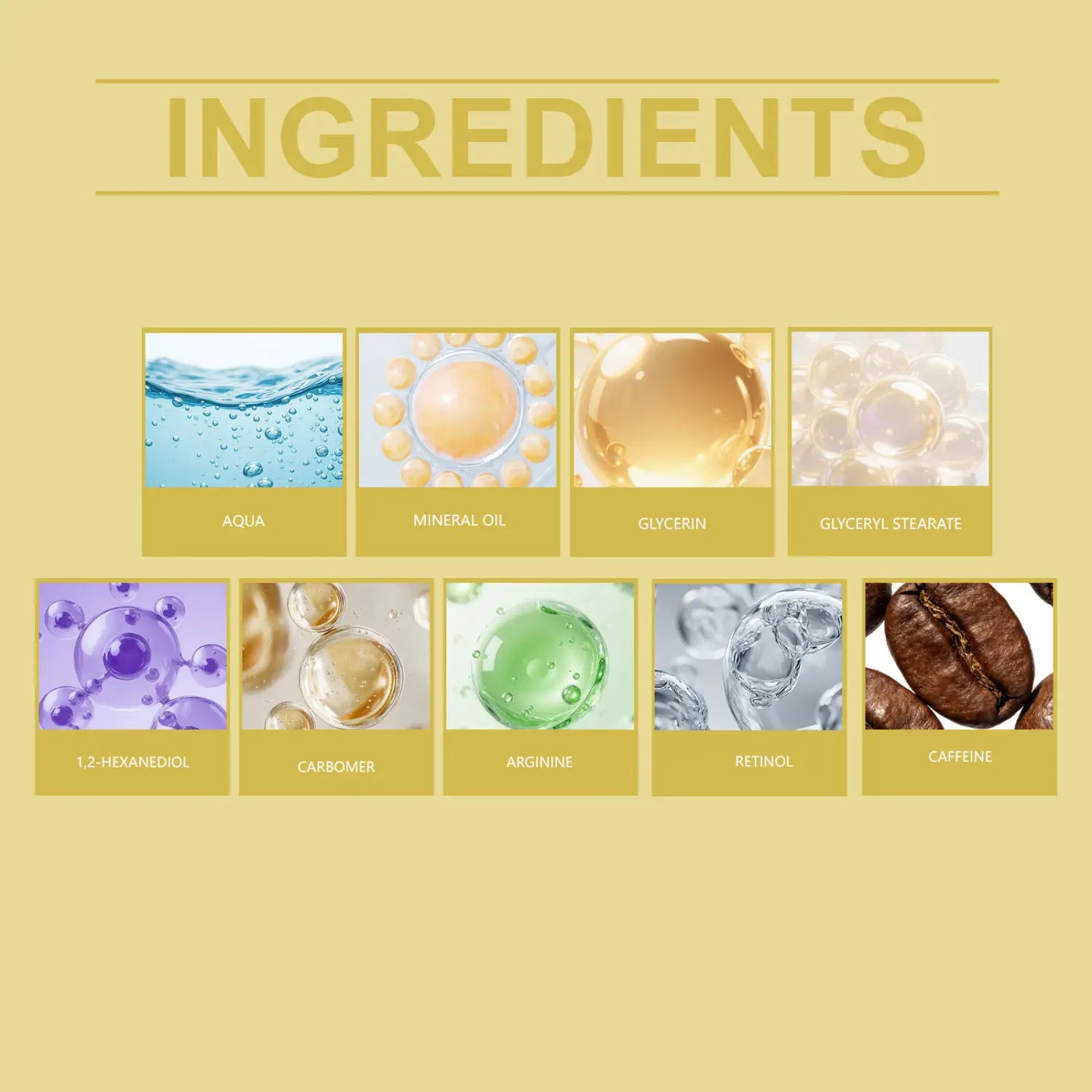 La face arrière d'une crème raffermissante à la rétinol, booster doré, pour le visage et les yeux, affichant les ingrédients, notamment aqua, huile minérale, glycérine et caféine.