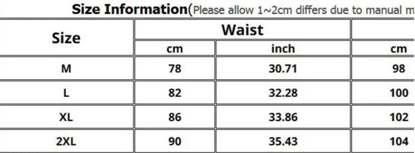 The image displays a size chart for men’s athletic side stripe joggers with zipper cuffs showing waist measurements in centimeters and inches for sizes M through 2XL.