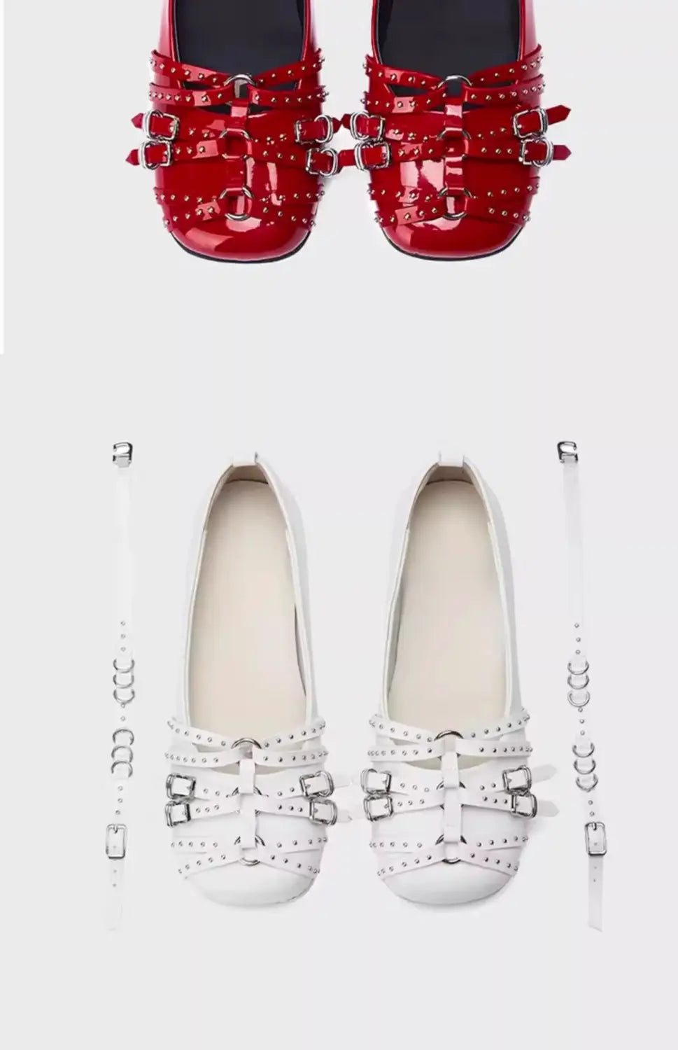 zapatos tipo salón retro de cuero en charol rojo y blanco con correas de hebilla con tachuelas plateadas y diseño tipo bamba.
