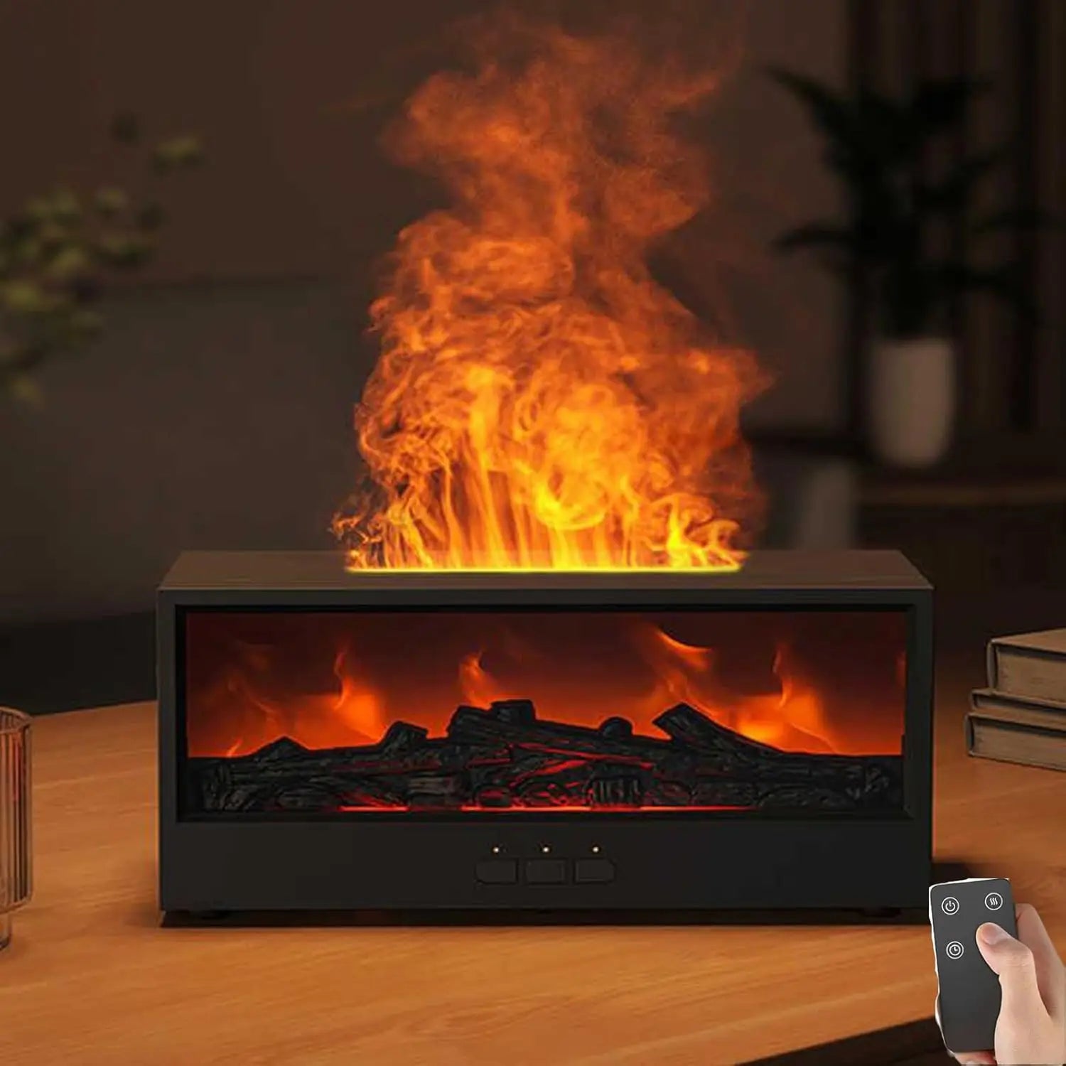 Black electric fireplace with realistic orange and yellow flames over simulated logs featuring a sleek rectangular design in the Flame Humidifier Volcano Aromatherapy Diffuser Light.