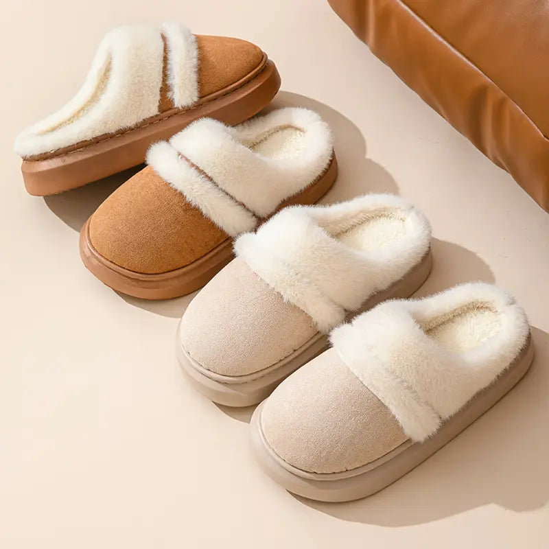 women’s tan and cream fuzzy slip-on slippers with plush faux fur lining and thick suede sole for winter house use