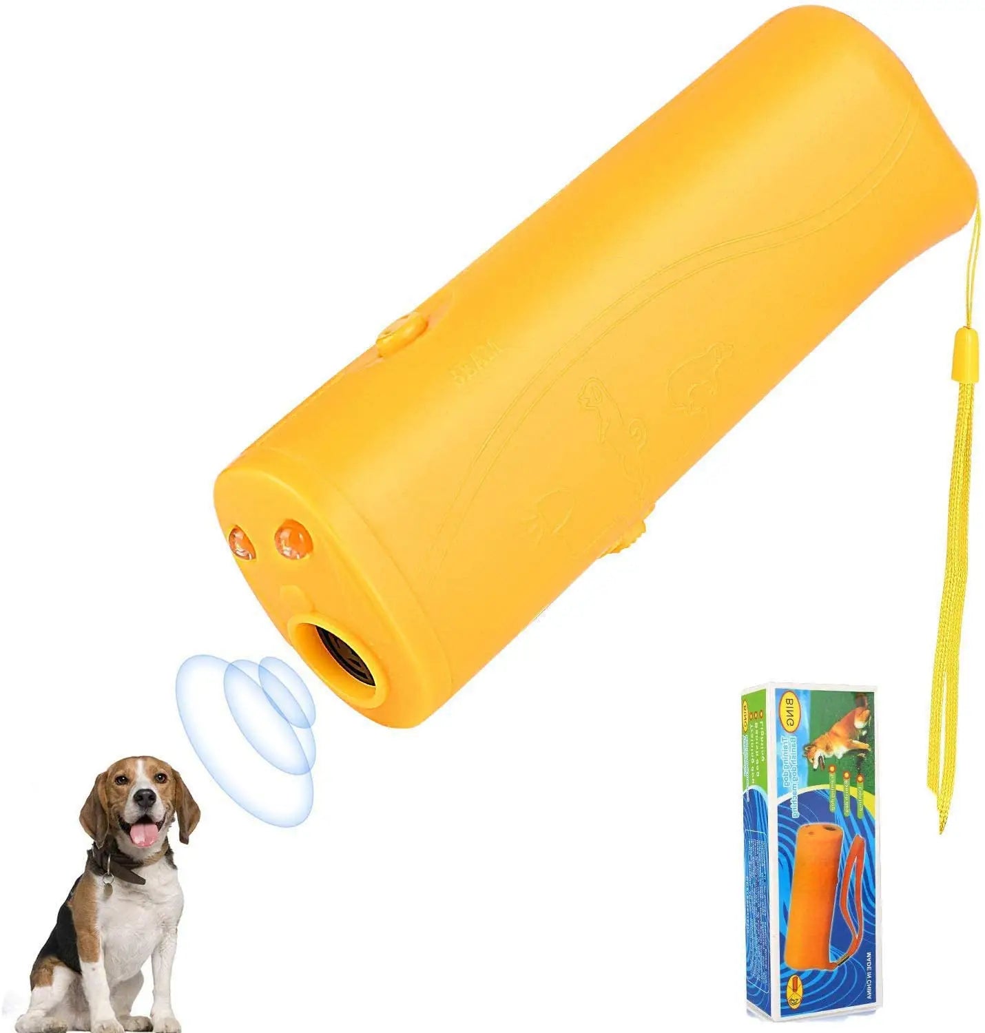 Bright yellow plastic ultrasonic dog repeller and 3 in 1 training device with two orange buttons and a lanyard for dog training and behavior control.