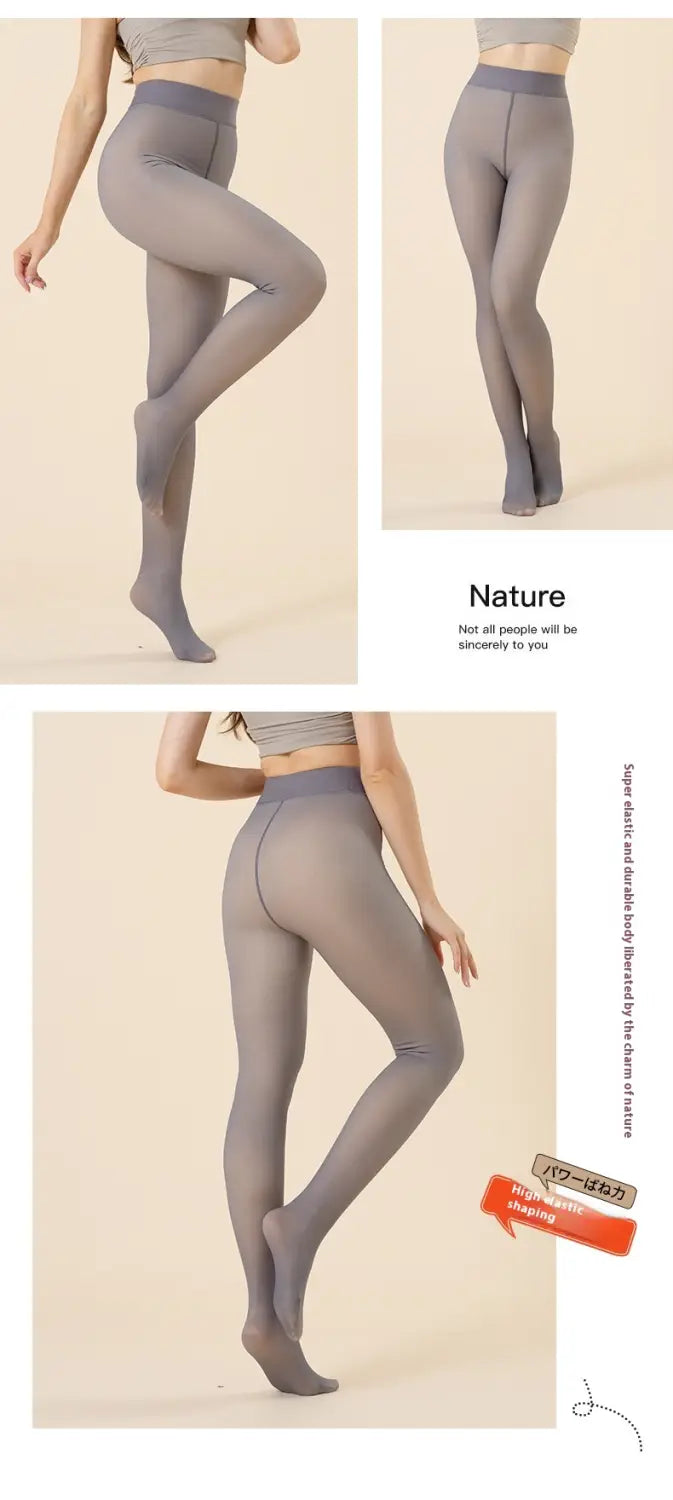 Graue, transparente, warme fleecegefütterte Strumpfhosen-Leggings mit durchgehendem grauem Bund.