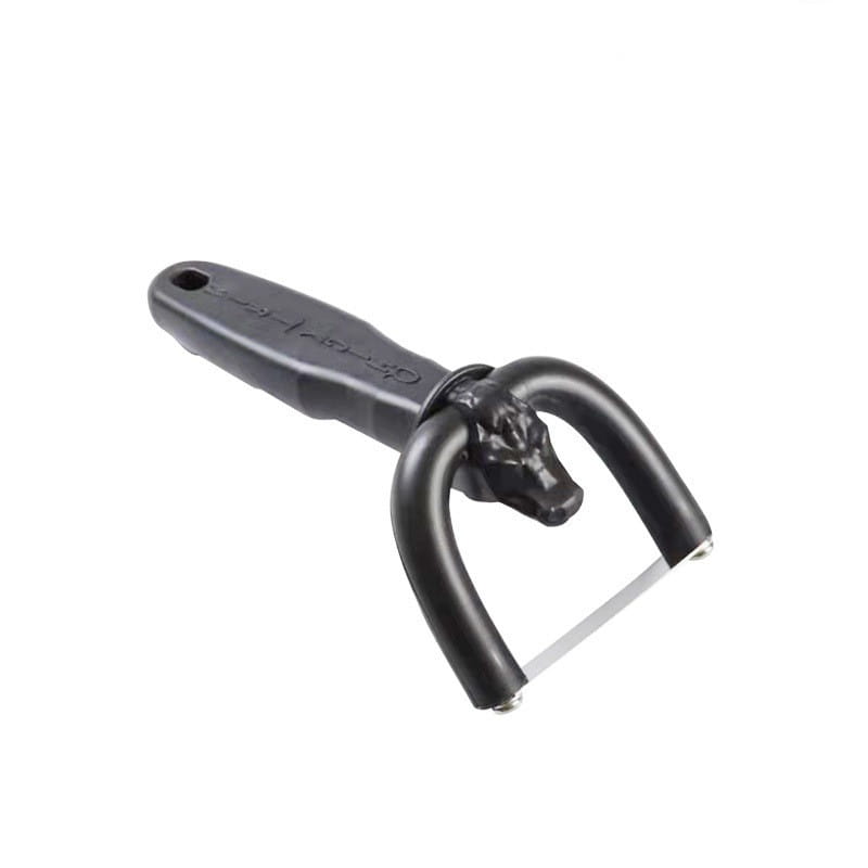 Fleischtrimmer mit schwarzem Kunststoffgriff mit Kuhkopf-Totenkopf-Design und Edelstahl-Slicer-Klinge.