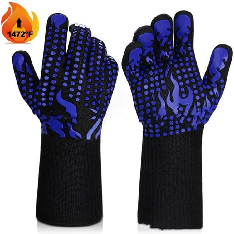 Blue flame-patterned silicone-coated heat resistant bbq gloves with black knitted cuffs shown from the back side.