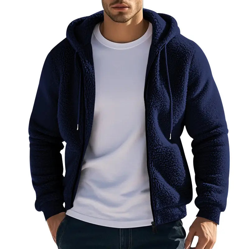 Men’s fleece lined loose zip up hooded jacket in navy blue made of soft fleece material for warmth and comfort.