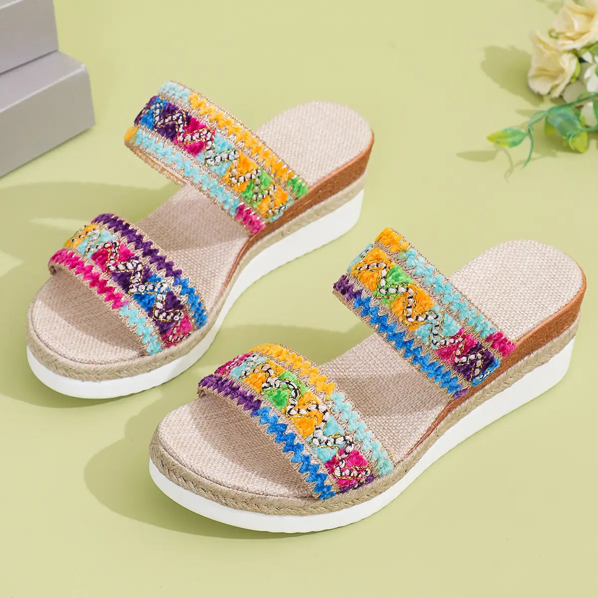 beige woven wavy pattern ethnic wedge espadrille sandals for women with gold zigzag embroidered straps