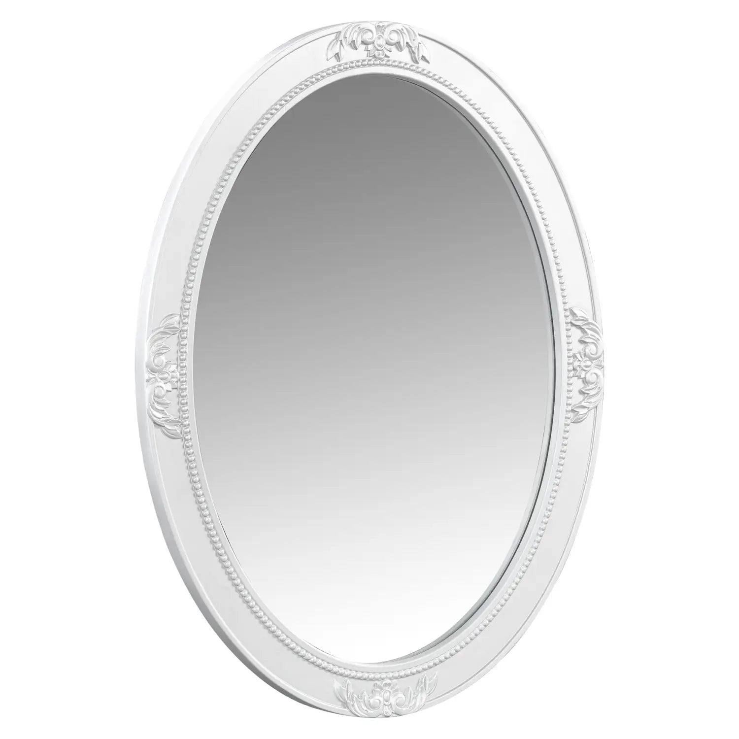 Der Kosmetiktisch für Silber-Make-up verfügt über einen ovalen weißen Spiegel mit verzierten, perlenbesetzten Details und dekorativen floralen Motiven entlang des Rahmens.