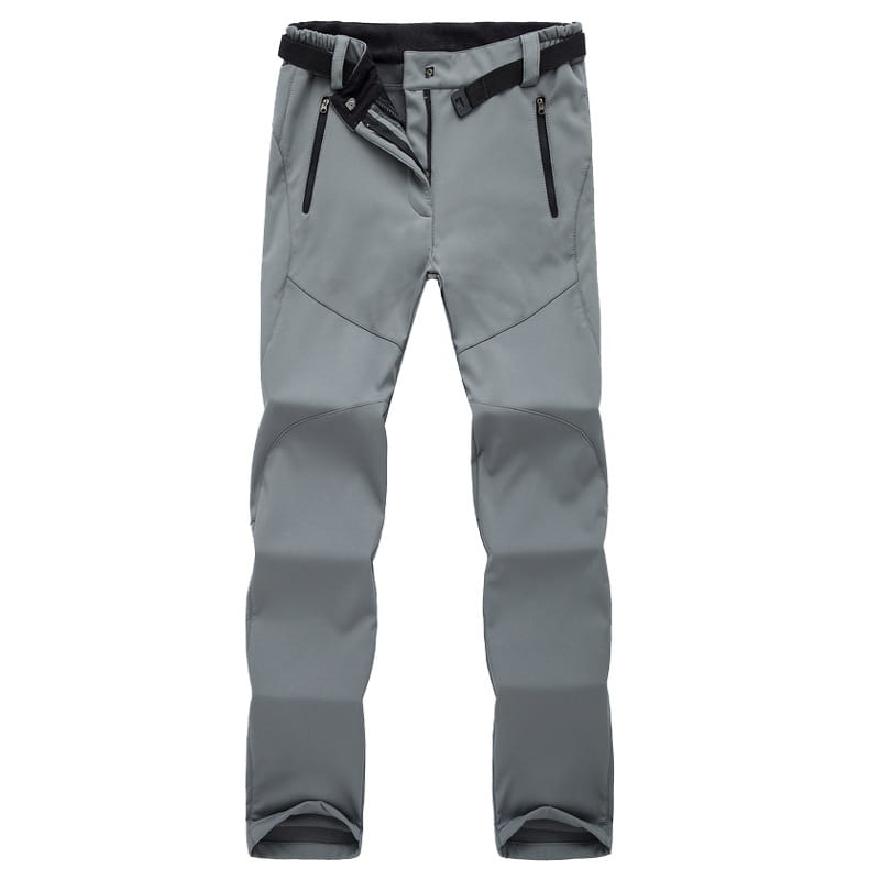 waterproof fleece ski pants for men and women in gray with black elastic waistband and zipper pockets designed for hiking and outdoor activities