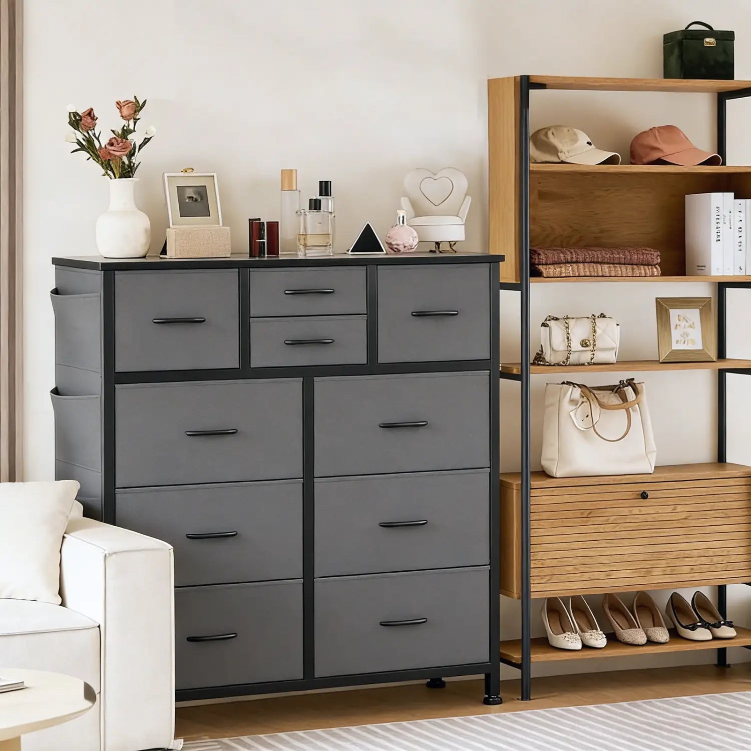 Gray fabric dresser with 10 drawers featuring a black metal frame handles side pockets and hooks for organized storage.