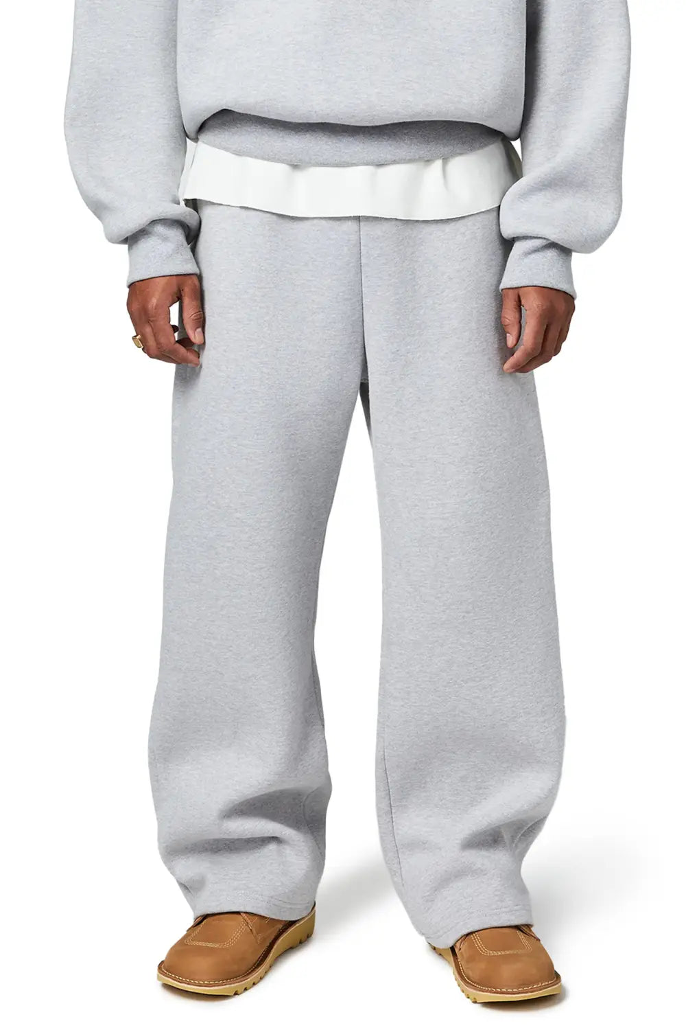 Light gray fleece sweatpants unisex elastic waist joggers with a white elastic waistband and loose fit.