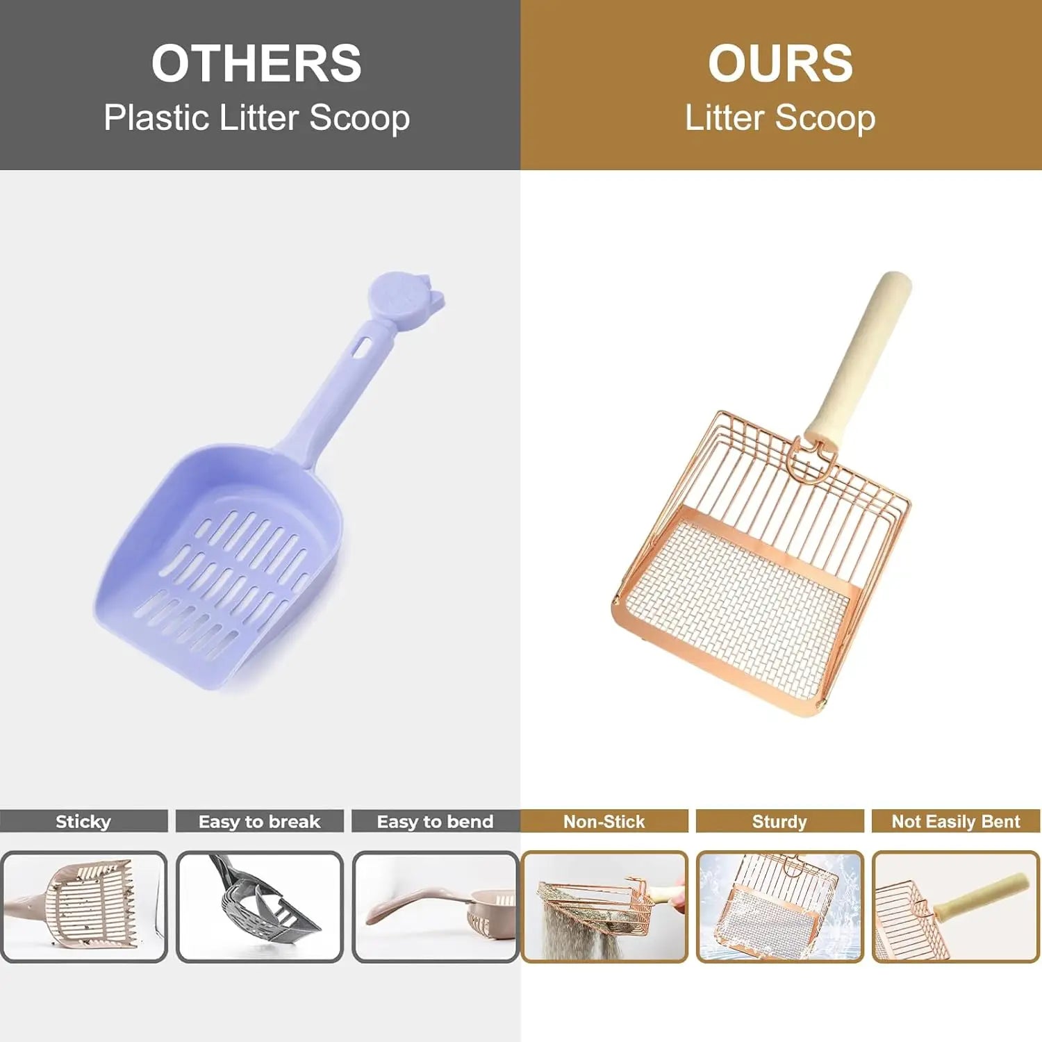Rose gold metal cat litter scoop with a cream-colored wood handle and mesh design.