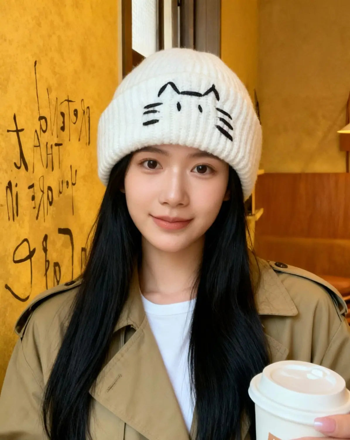 white knitted beanie hat featuring black cat face embroidery suitable for casual wear