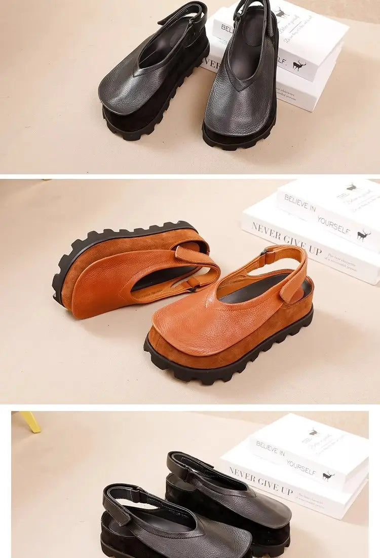 Schwarze Ledersandalen mit Plateau verfügen über eine markante Sohle und einen verstellbaren Riemen mit offenem Zehen-Design für einen retro Stil und Komfort.