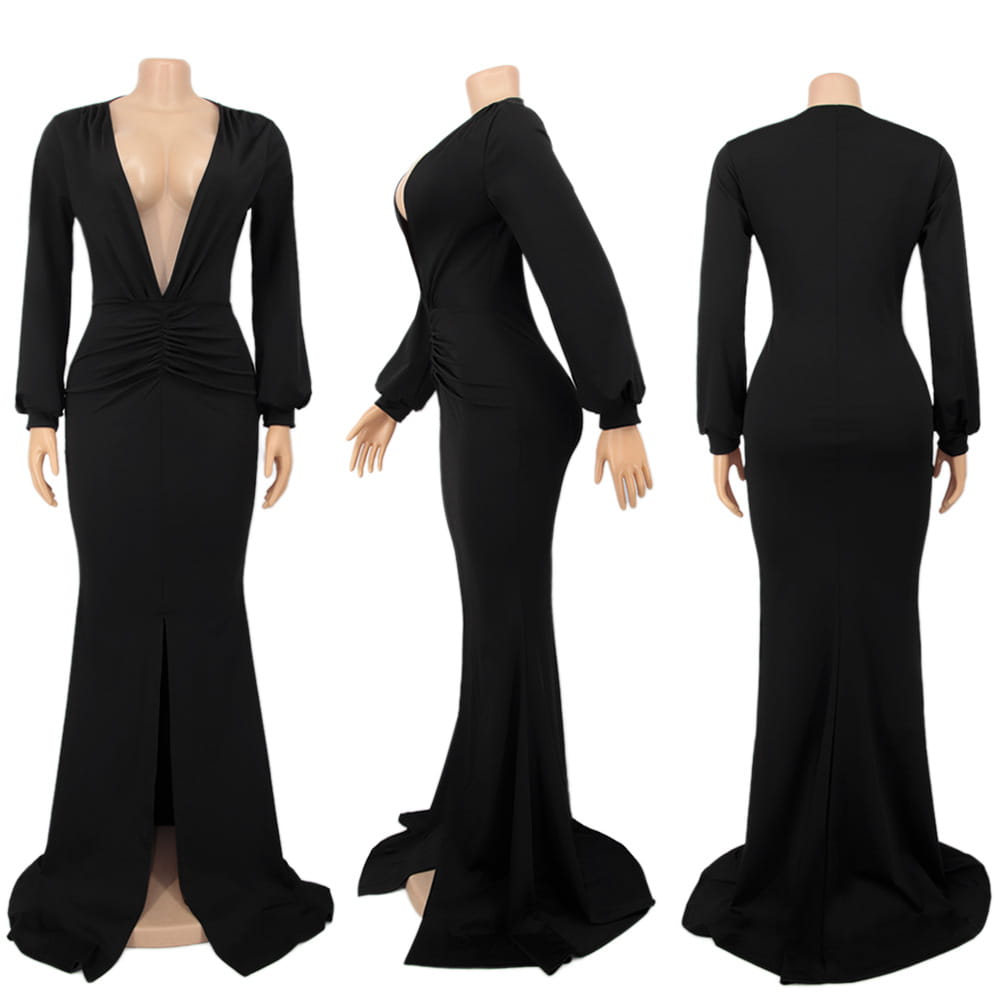 Black velvet mermaid evening dress with long sleeves, deep v-neckline, and ruched waist.