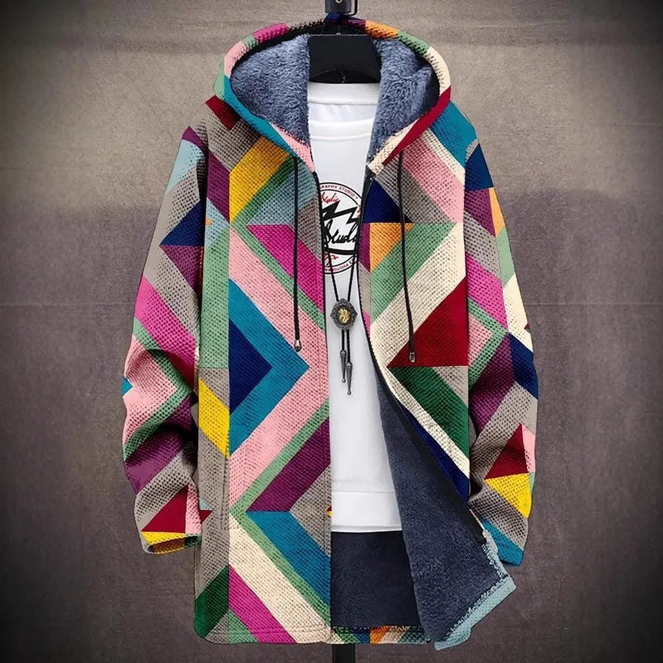A vibrant geometric fleece men’s jacket with multicolored triangular patterns and a plush gray interior lining.
