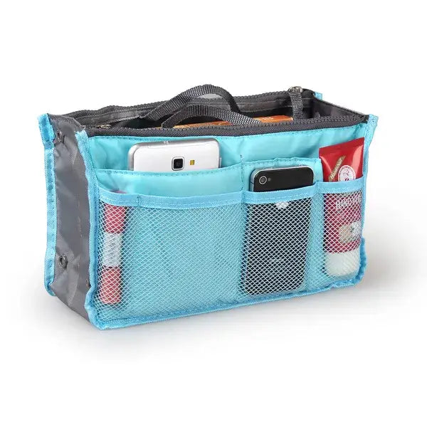 Light blue mesh multi pocket nylon handbag organizer with gray fabric accents and a black handle designed for storing phones and small items with dual zippers.