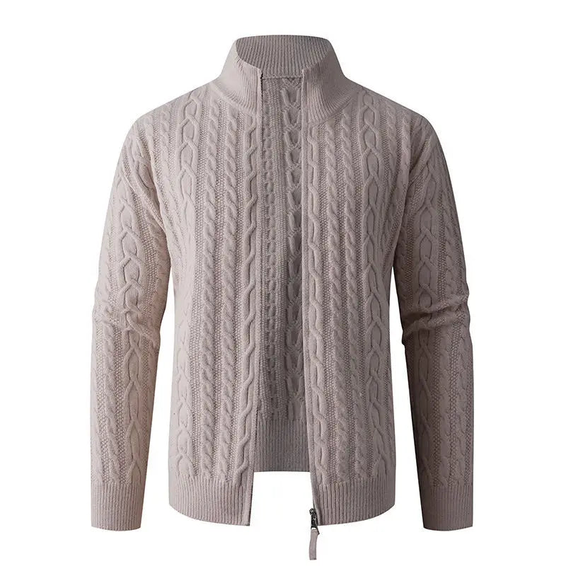 Beige cable knit half zip sweater for men featuring a thick material with a ribbed collar and cuffs.