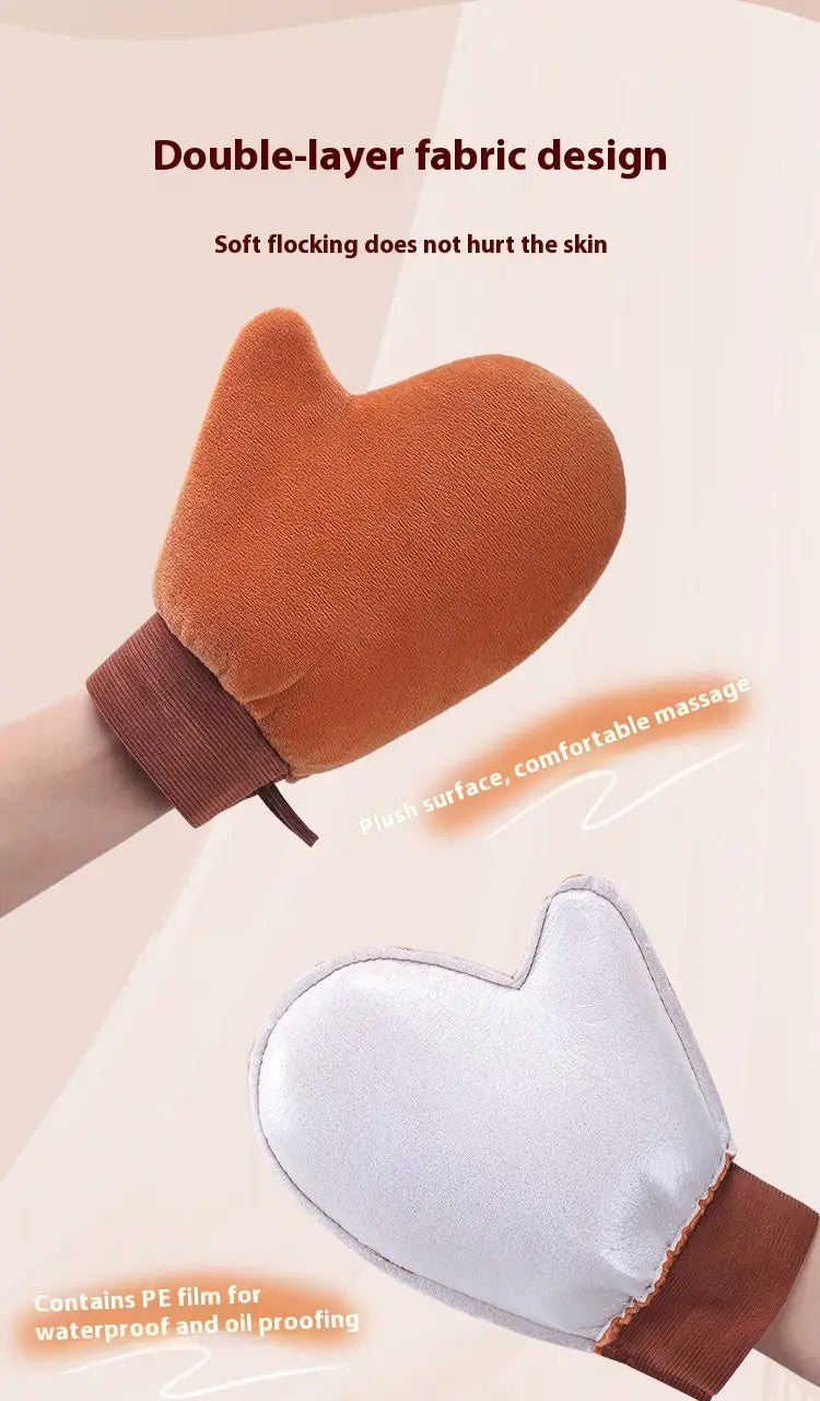 Orange double-layer tanning mitt with a soft flocked surface and brown elastic wristband for exfoliating bath glove set.