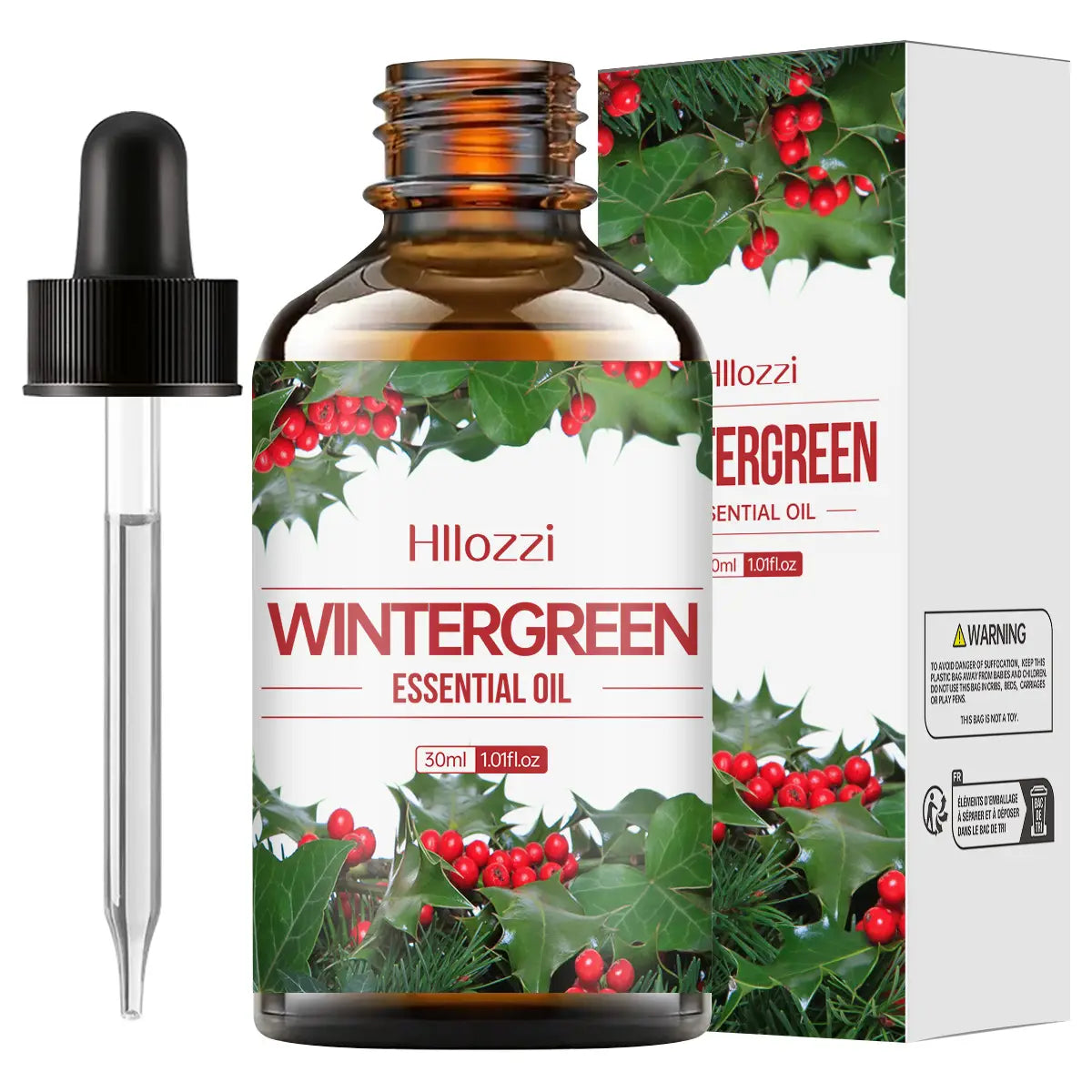 Hillozzi organic myrrh and wintergreen essential oil in a 30ml amber glass bottle with a black dropper for aromatherapy and natural wellness.
