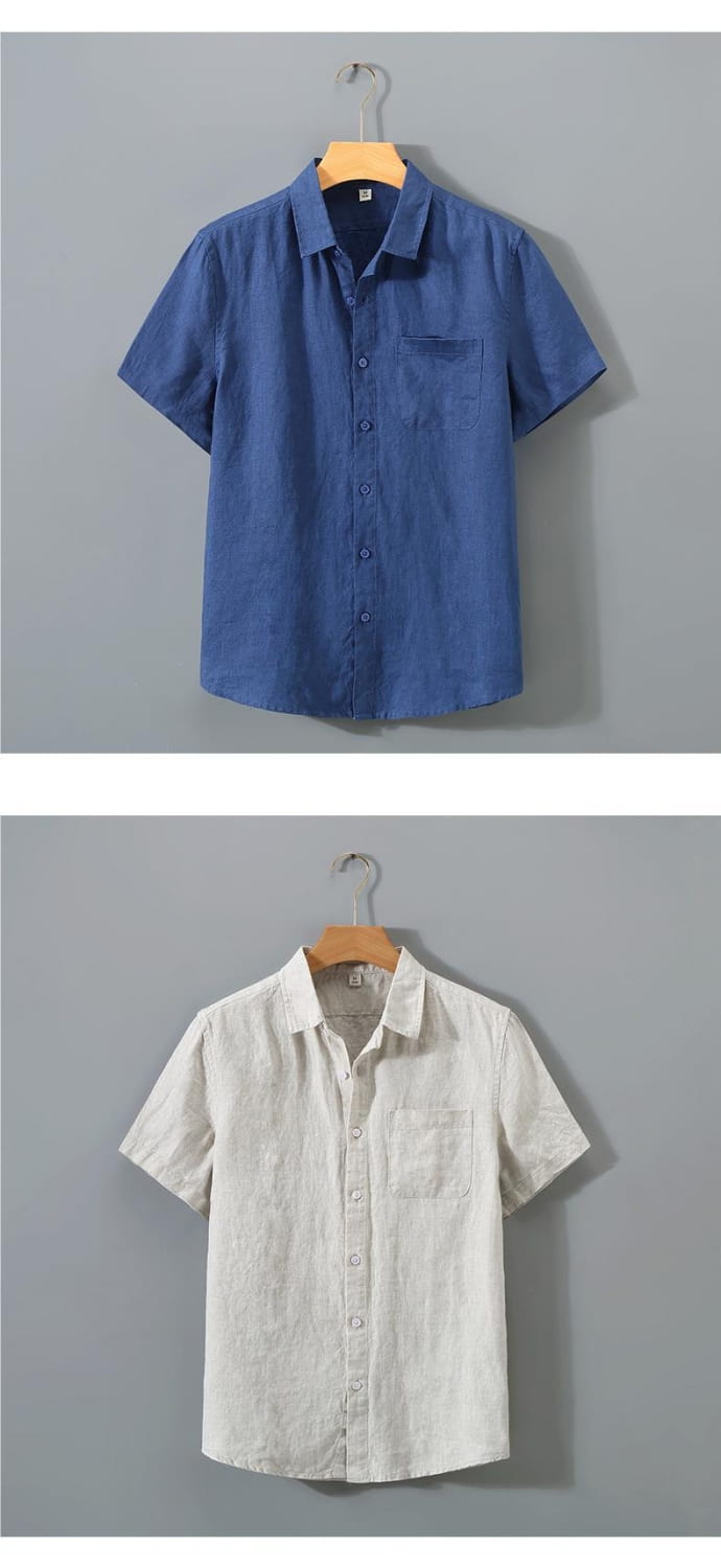 men’s casual short sleeve pure linen button down shirts in blue and white with textured fabric and chest pockets.
