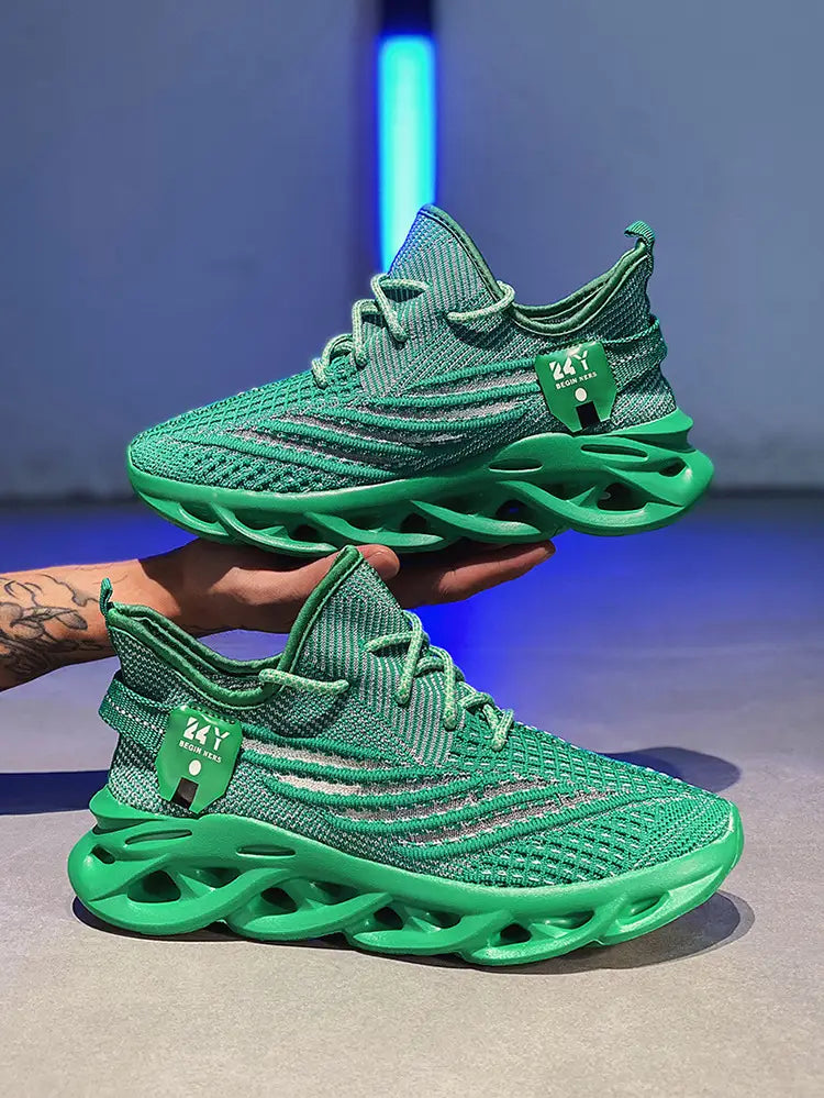 Vibrant green flyknit mesh platform running shoes for men featuring a bold sculpted sole and matching laces.