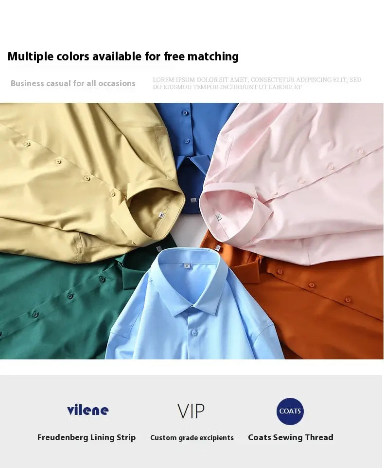 Collection de chemises habillées en soie pour homme à manches longues dans des couleurs unies de style business casual, notamment jaune, bleu, rose, vert et orange.