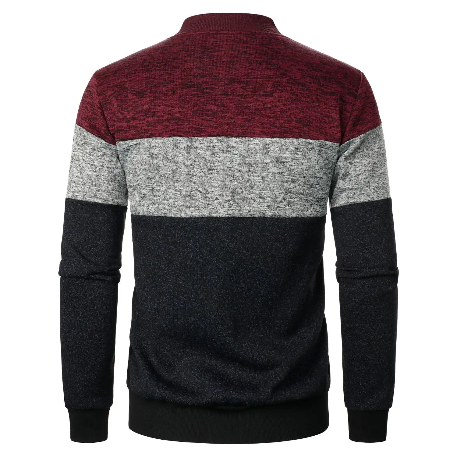 Men’s colorblock knit bomber jacket in maroon gray and black with ribbed collar and knit material.
