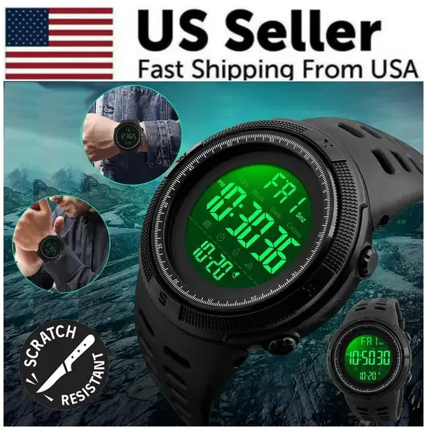 Skmei men’s military sport waterproof digital chronograph watch with a black digital face green illuminated display and rugged textured bezel.