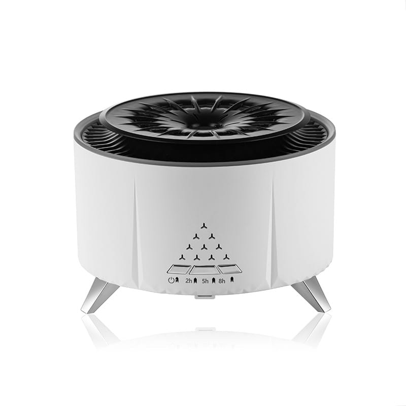 White cylindrical air purifier with black top and silver legs featuring a triangular array of control buttons in a white noise flame aroma diffuser bluetooth humidifier.