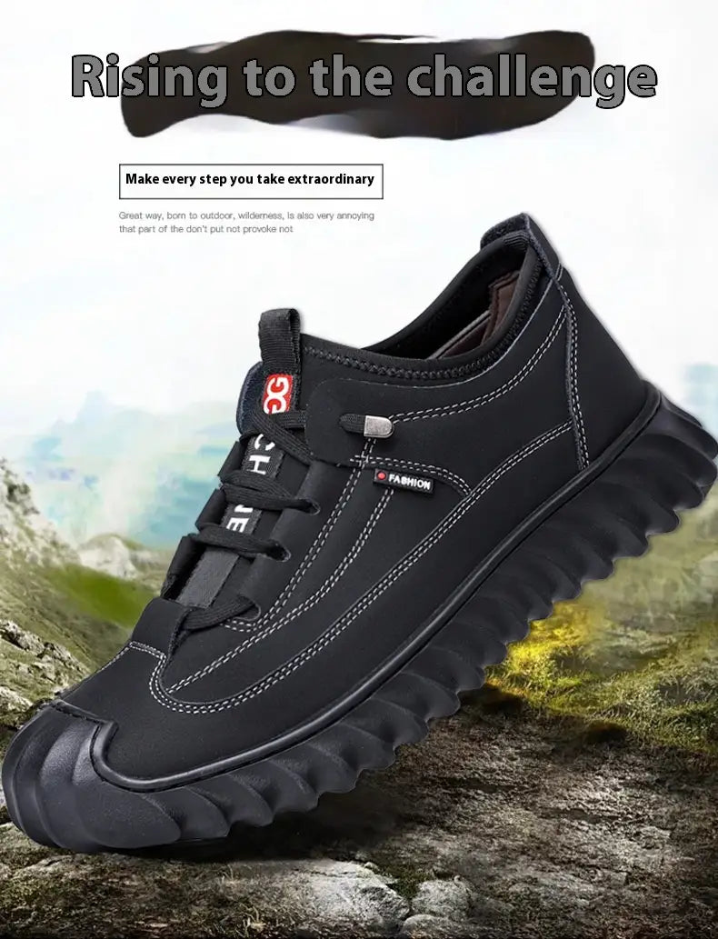 Men’s suede casual sneaker in black with rubberized reinforced toe cap and textured chunky rubber sole.